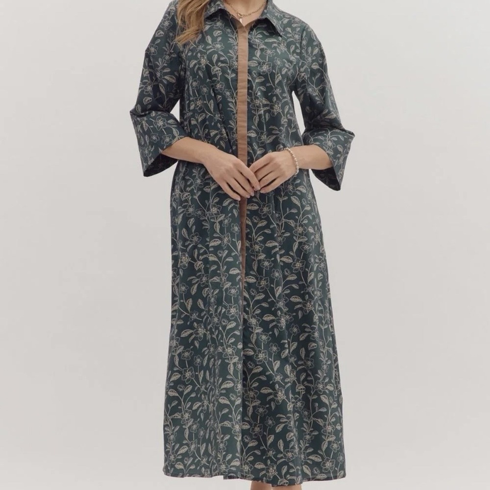 entro Green Floral Midi Shirt Dress with Tan Trim